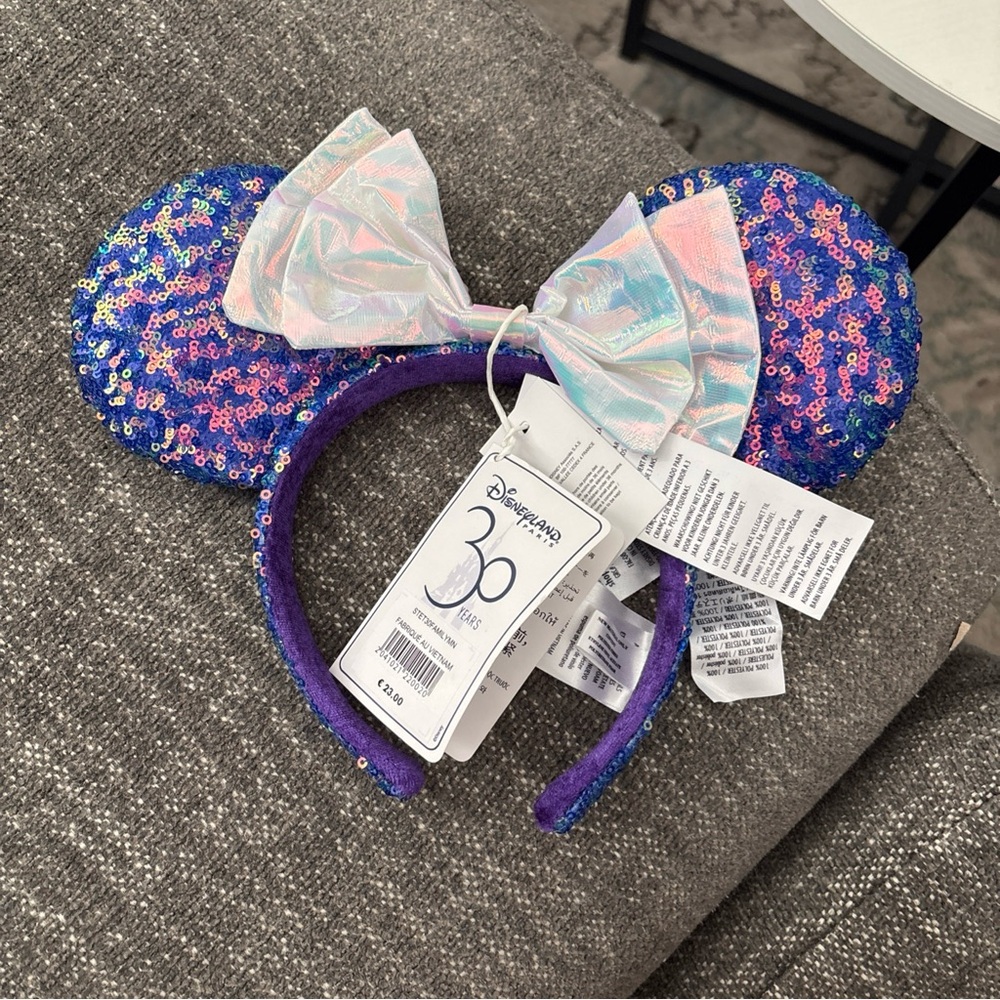 Disneyland Parks Paris 30th Celebration Blue With White Bow Sequin Ears 2022